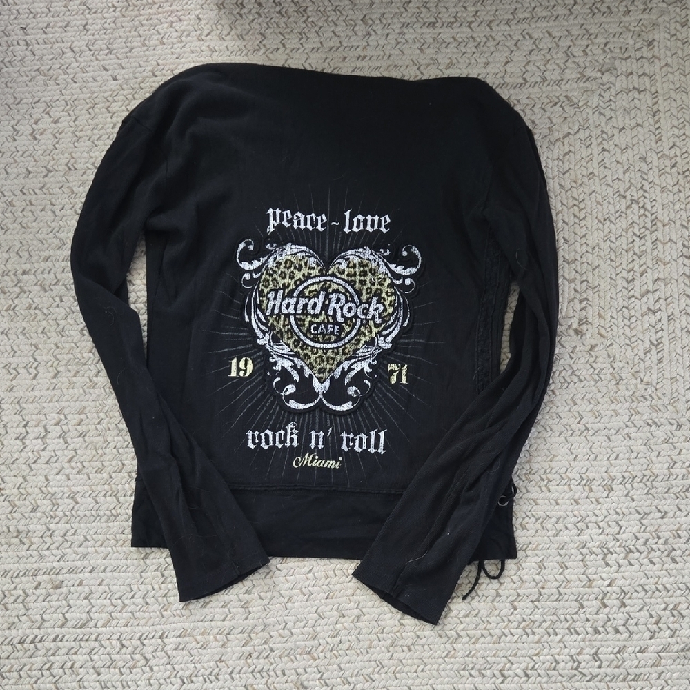 Hard Rock Cafe Miami‎ Black Graphic Leopard Print Long Sleeve Zip Up Hoodie